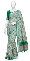 Vibrant Emerald Green and Beige Paisley Cotton Silk Screen-Printed Saree with Jacquard Border