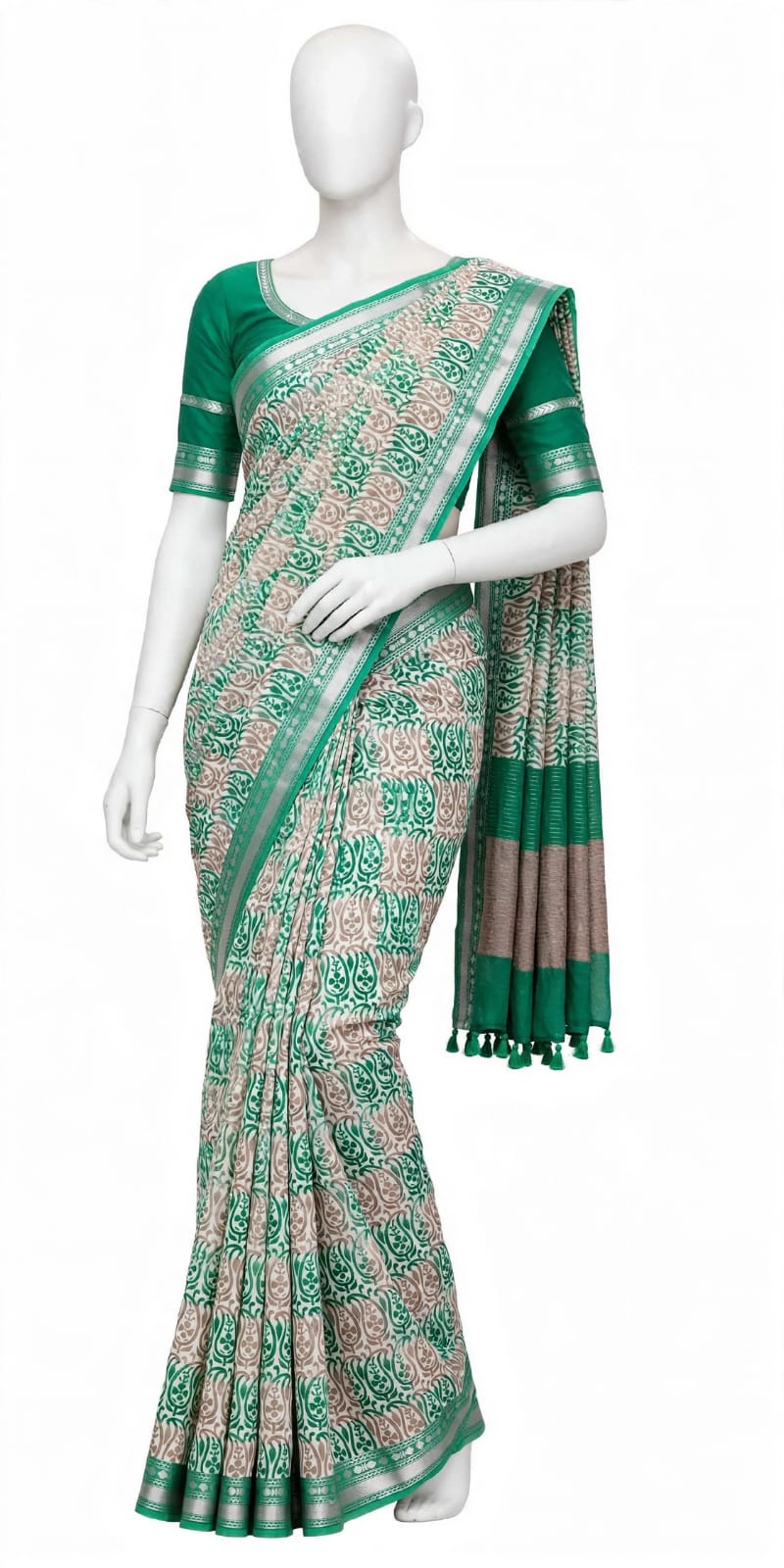 Vibrant Emerald Green and Beige Paisley Cotton Silk Screen-Printed Saree with Jacquard Border