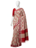 Crimson Red and Beige Paisley Cotton Silk Screen-Printed Saree with Jacquard Border