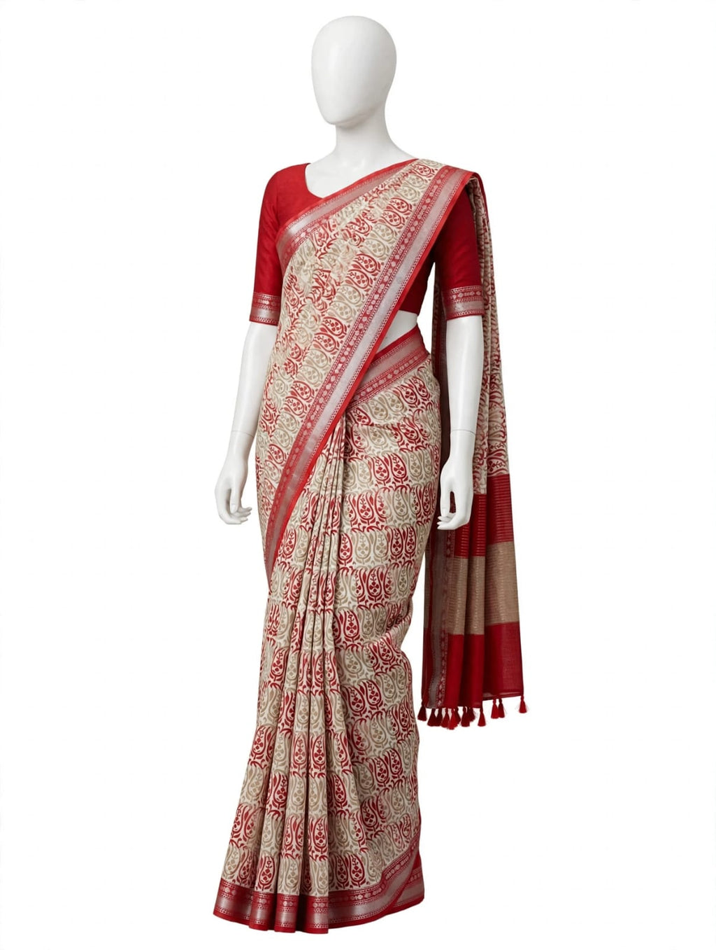 Crimson Red and Beige Paisley Cotton Silk Screen-Printed Saree with Jacquard Border
