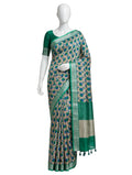 Emerald Green, Royal Blue, and Beige Polka-Dot & Paisley Cotton Silk Screen-Printed Saree with Jacquard Border