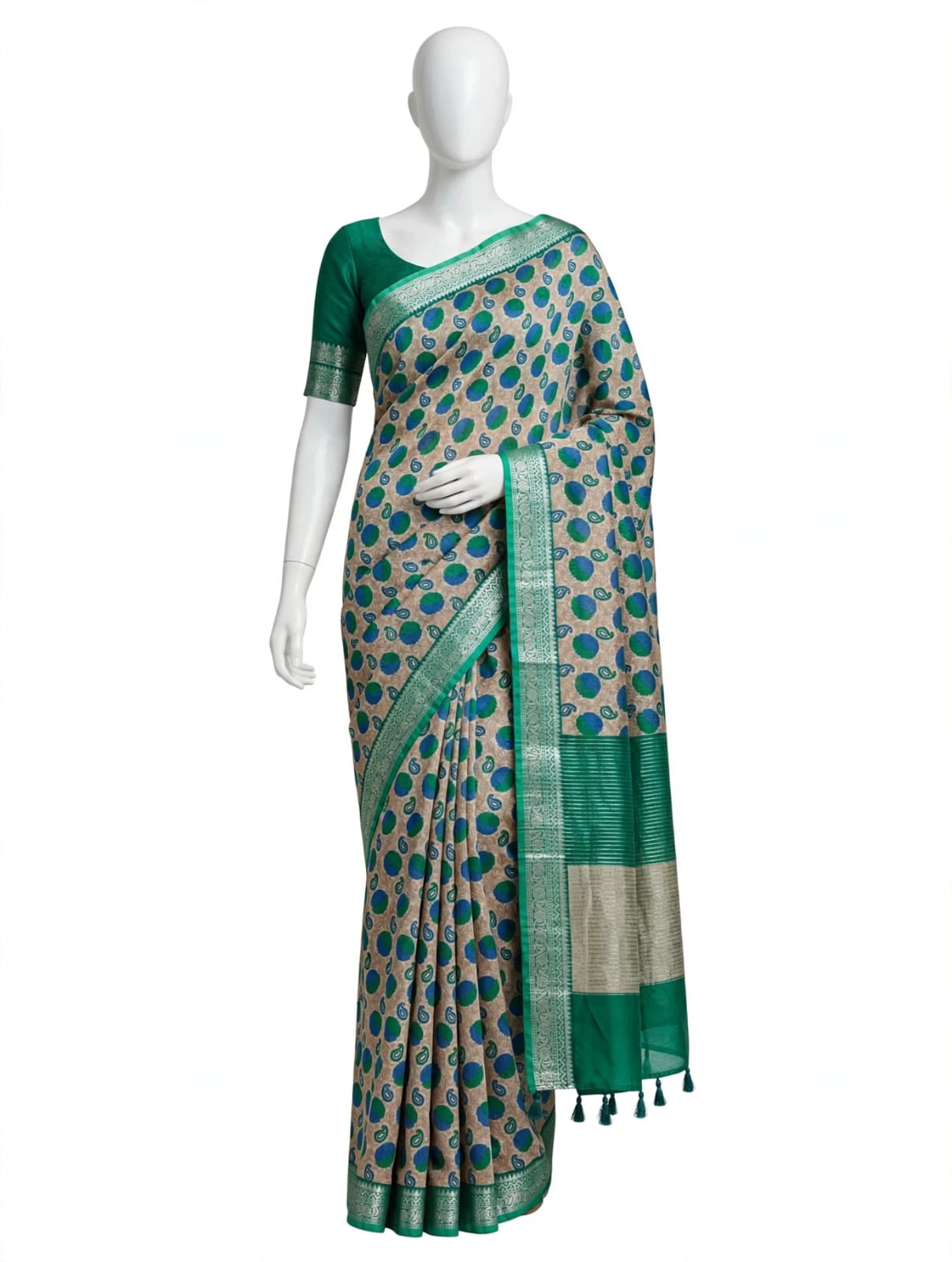 Emerald Green, Royal Blue, and Beige Polka-Dot & Paisley Cotton Silk Screen-Printed Saree with Jacquard Border