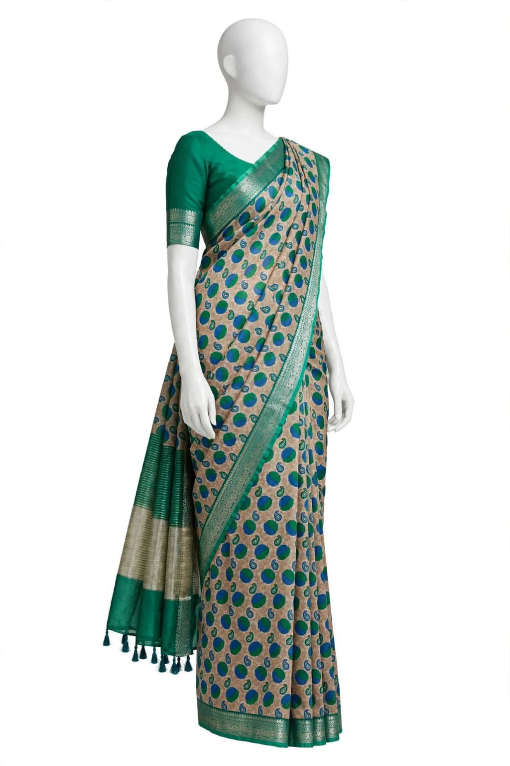 Emerald Green, Royal Blue, and Beige Polka-Dot & Paisley Cotton Silk Screen-Printed Saree with Jacquard Border