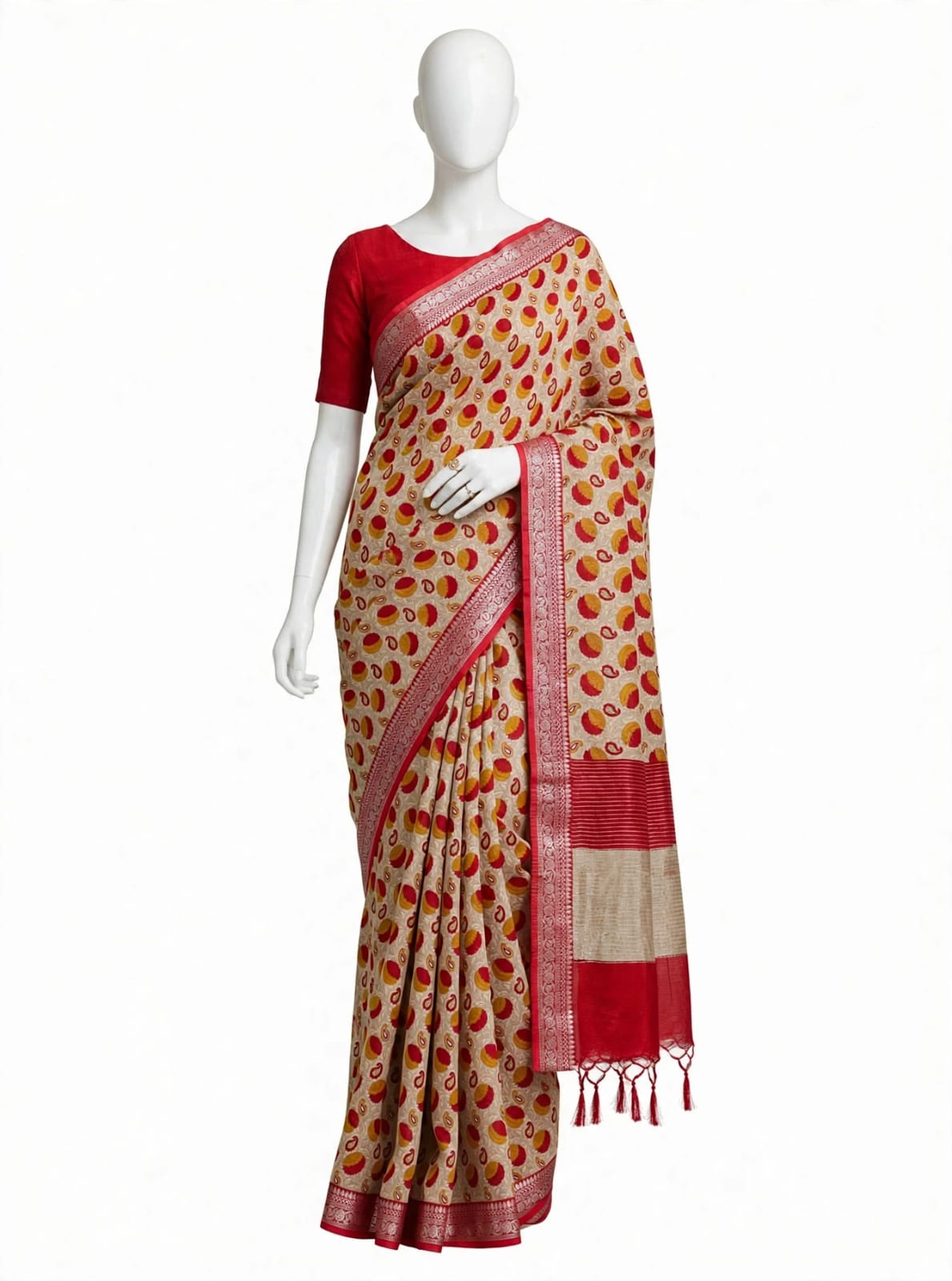 Crimson Red, Mustard, and Beige Abstract Polka-Dot Cotton Silk Screen-Printed Saree with Jacquard Border