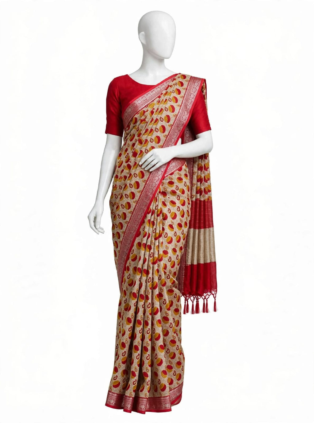 Crimson Red, Mustard, and Beige Abstract Polka-Dot Cotton Silk Screen-Printed Saree with Jacquard Border