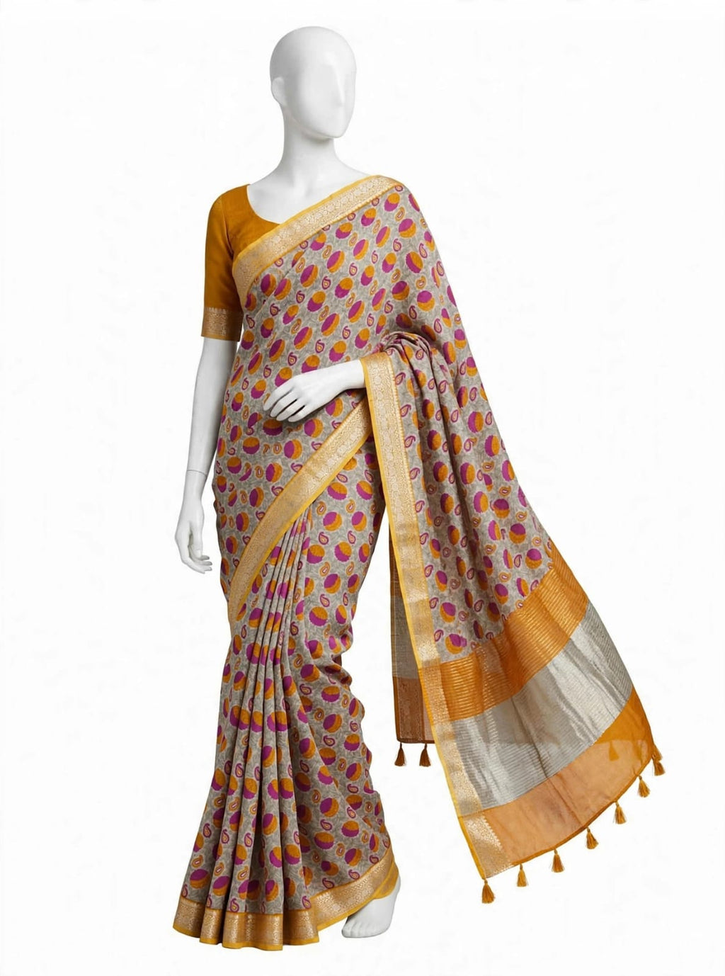 Mustard Yellow, Magenta, and Grey Abstract Paisley Cotton Silk Screen-Printed Saree with Jacquard Border