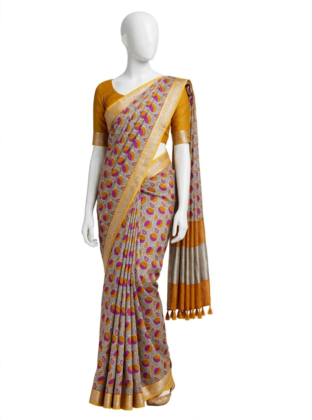 Mustard Yellow, Magenta, and Grey Abstract Paisley Cotton Silk Screen-Printed Saree with Jacquard Border