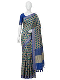 Royal Blue, Green, and Beige Polka-Dot & Paisley Cotton Silk Screen-Printed Saree with Jacquard Border