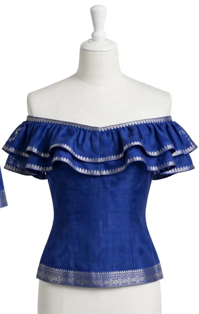Royal Blue, Green, and Beige Polka-Dot & Paisley Cotton Silk Screen-Printed Saree with Jacquard Border