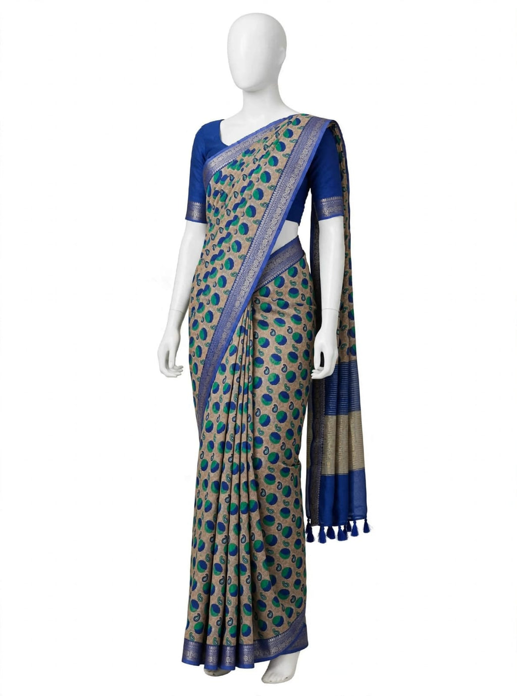 Royal Blue, Green, and Beige Polka-Dot & Paisley Cotton Silk Screen-Printed Saree with Jacquard Border