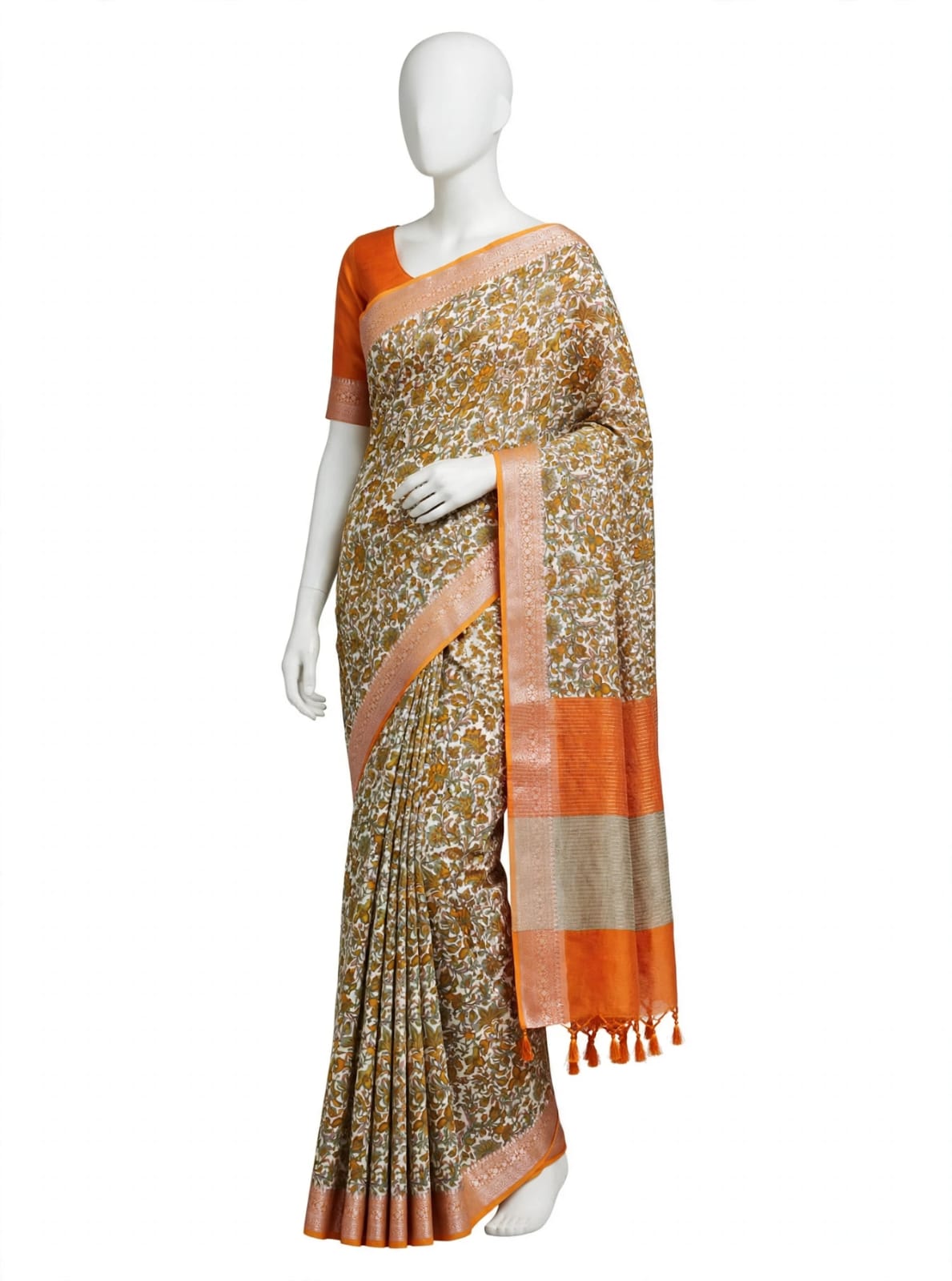 Vibrant Orange, Mustard, and Ivory Floral Cotton Silk Screen-Printed Saree with Jacquard Border