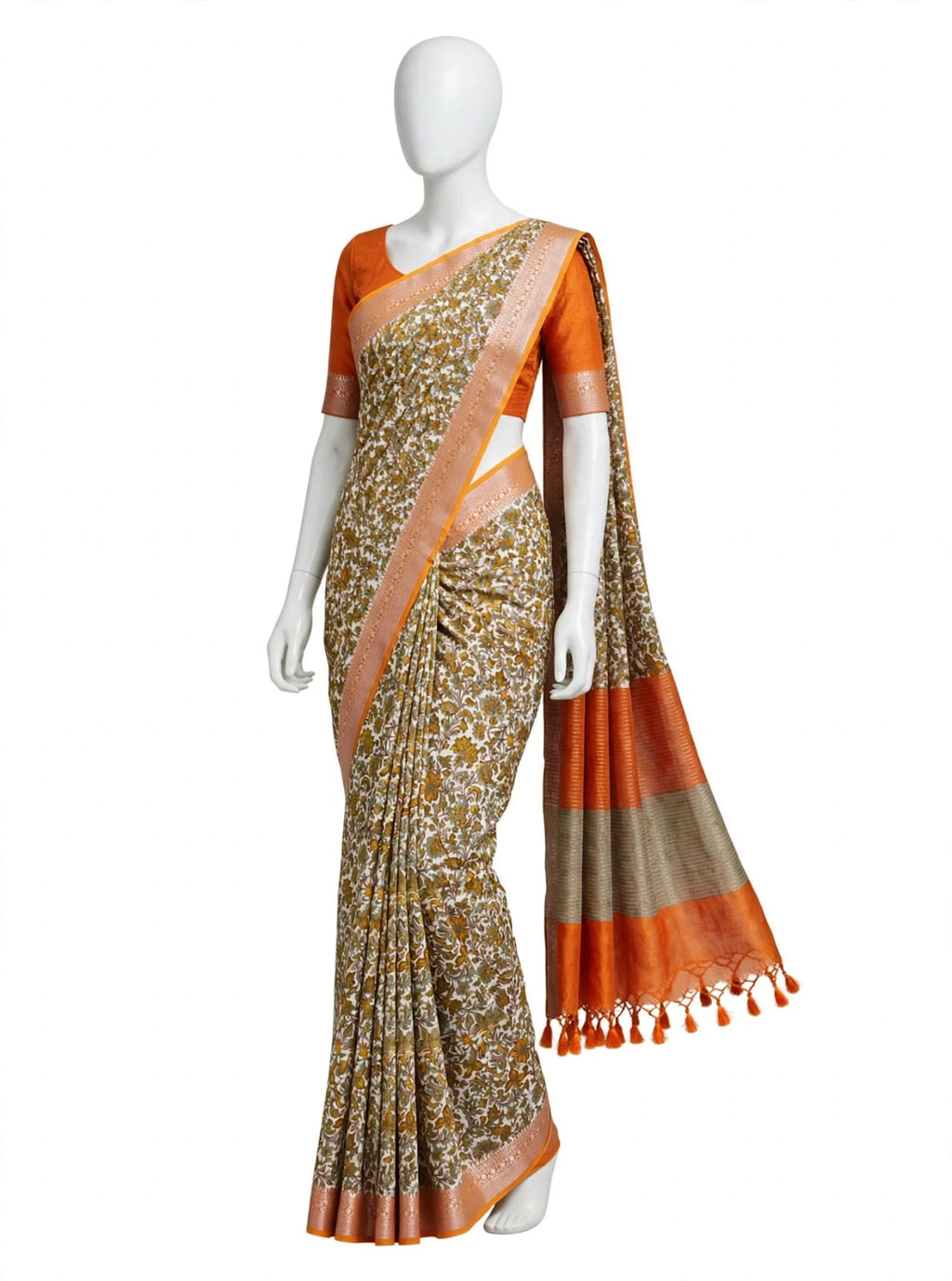 Vibrant Orange, Mustard, and Ivory Floral Cotton Silk Screen-Printed Saree with Jacquard Border