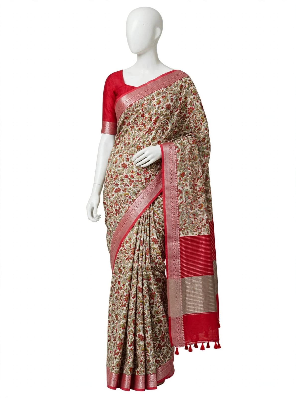 Crimson Red, Olive, and Ivory Floral Cotton Silk Screen-Printed Saree with Jacquard Border