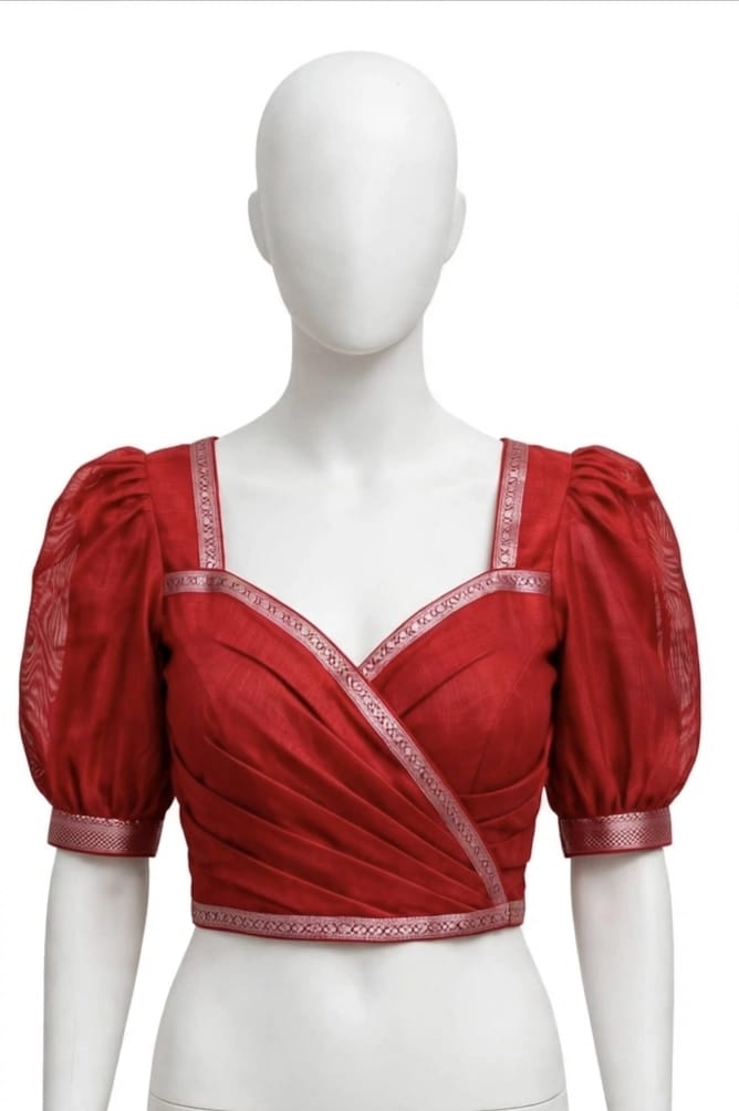 Crimson Red, Olive, and Ivory Floral Cotton Silk Screen-Printed Saree with Jacquard Border