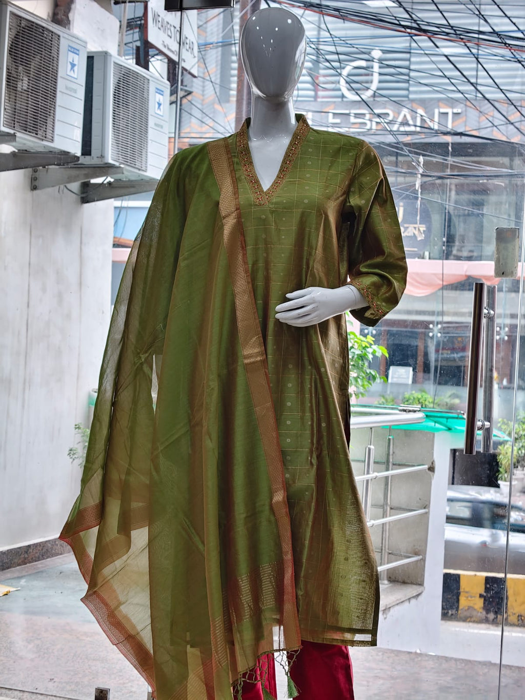 Olive Green Cotton Silk Kurta Set