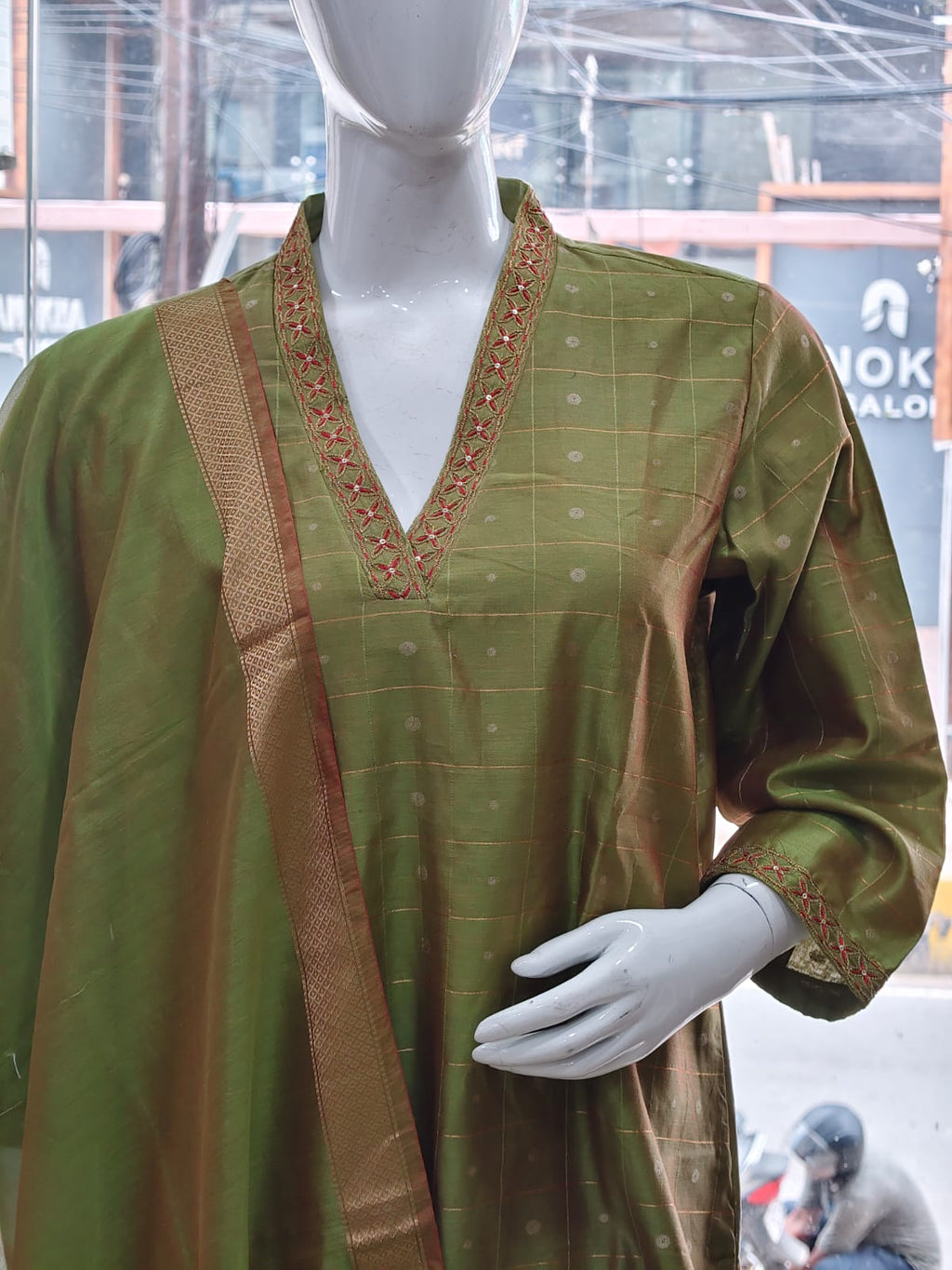 Olive Green Cotton Silk Kurta Set
