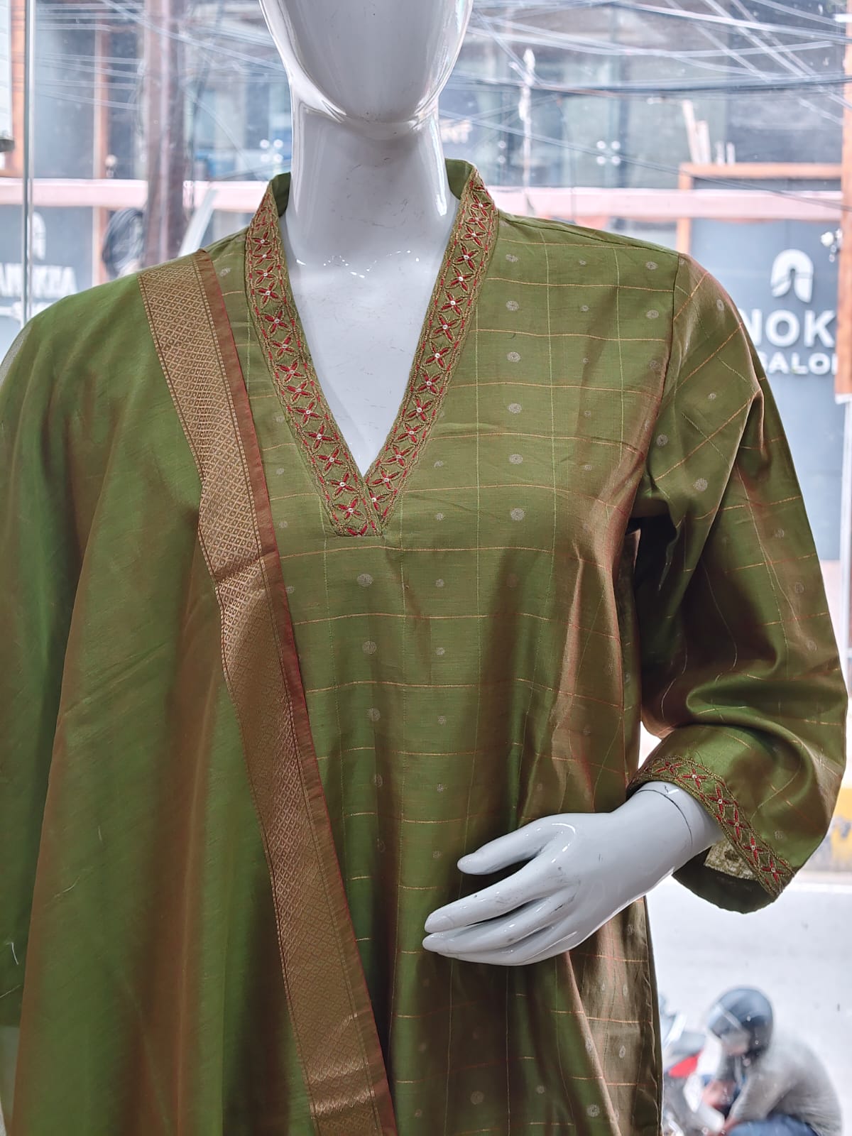 Olive Green Cotton Silk Kurta Set