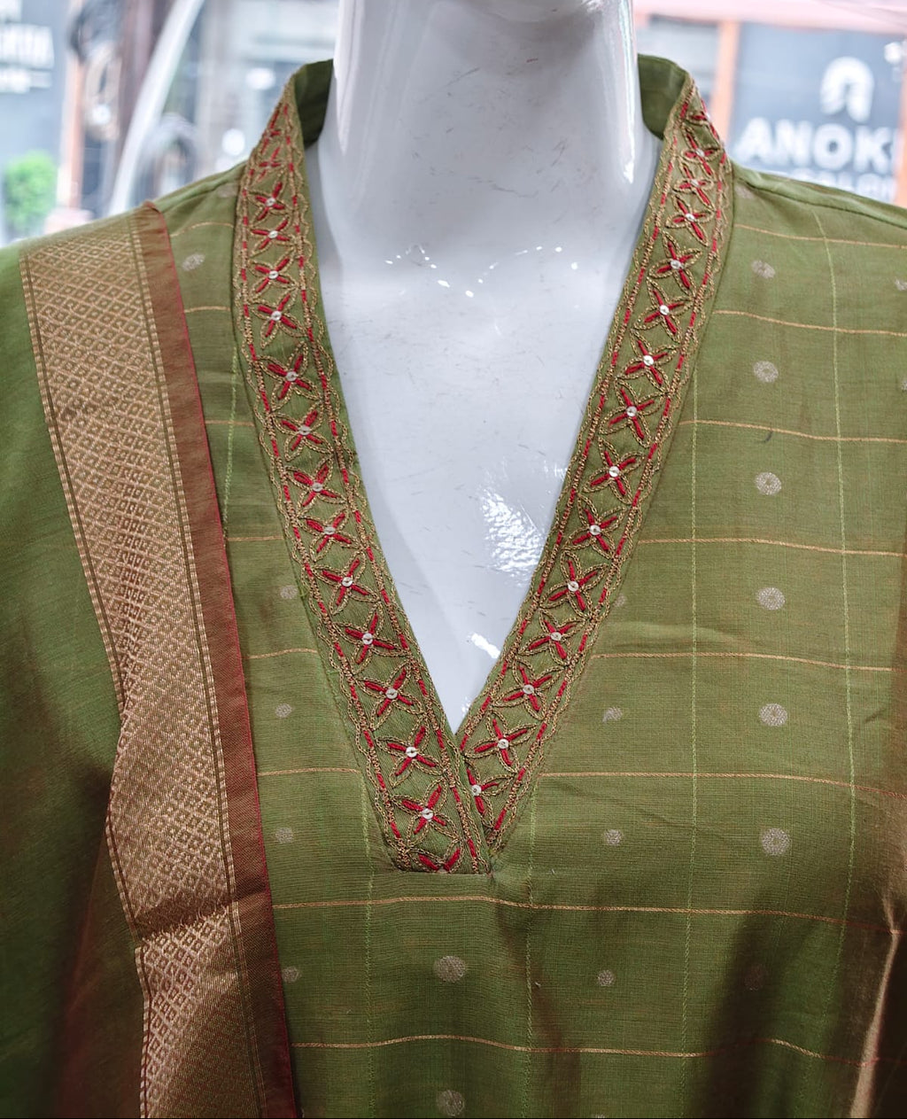 Olive Green Cotton Silk Kurta Set