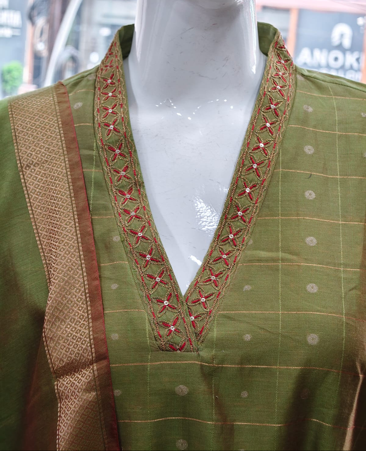 Olive Green Cotton Silk Kurta Set