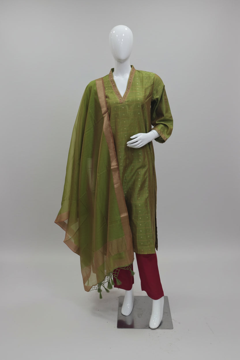 Olive Green Cotton Silk Kurta Set
