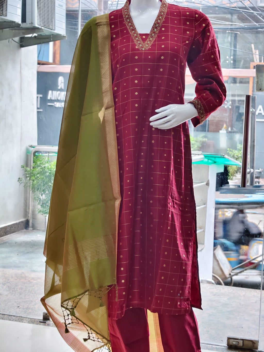 Crimson Red Cotton Silk Kurta Set with Olive Dupatta