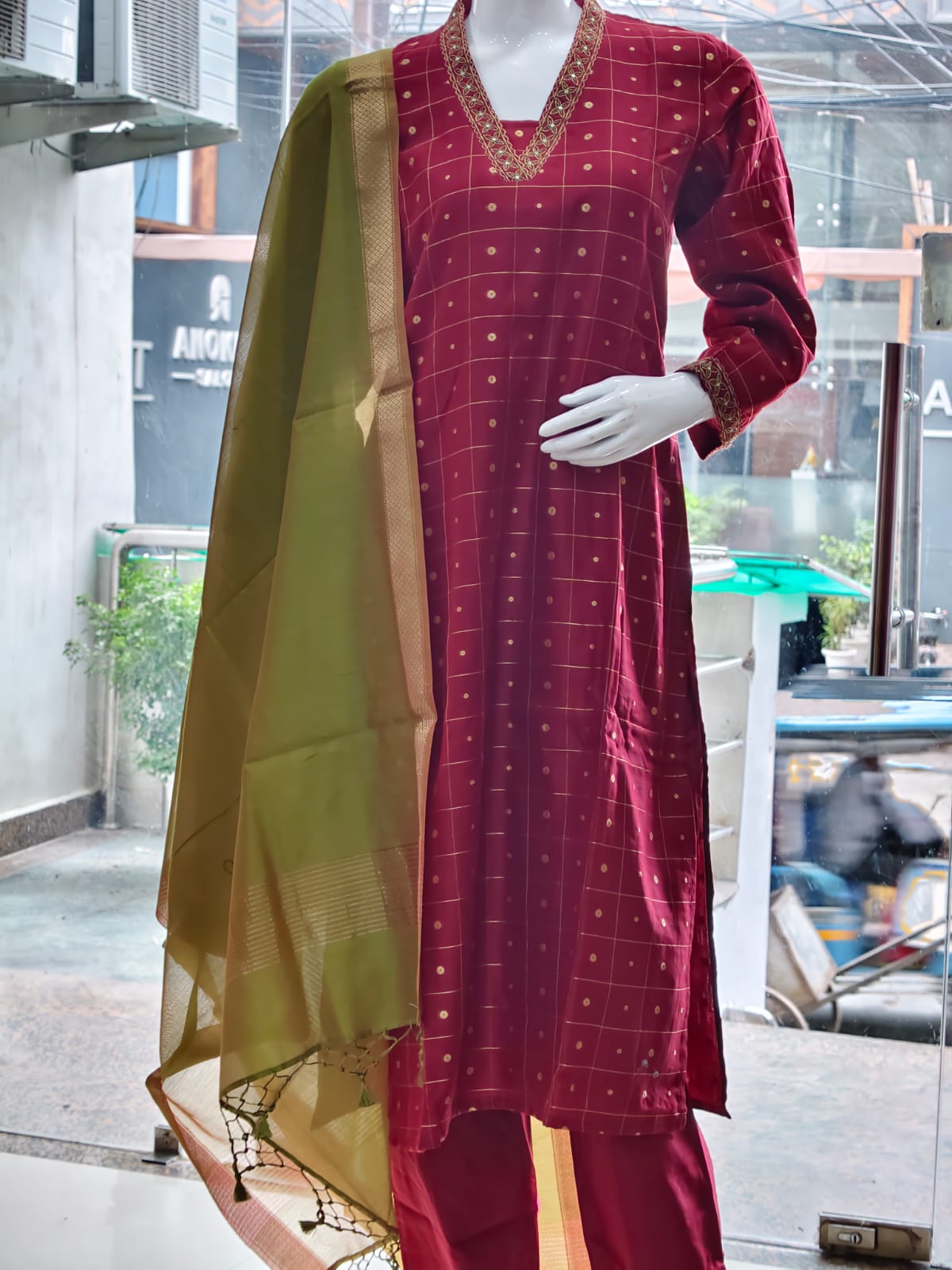 Crimson Red Cotton Silk Kurta Set with Olive Dupatta