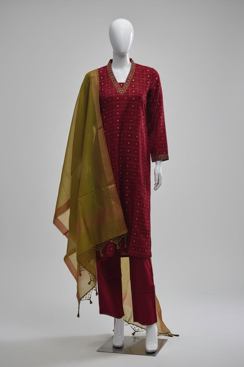 Crimson Red Cotton Silk Kurta Set with Olive Dupatta