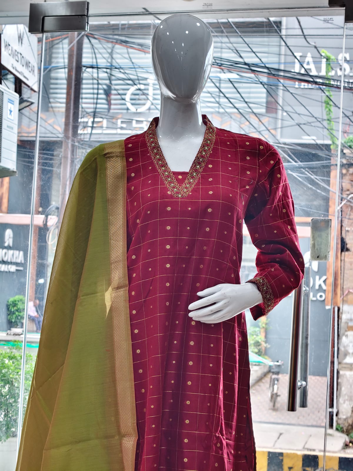 Crimson Red Cotton Silk Kurta Set with Olive Dupatta