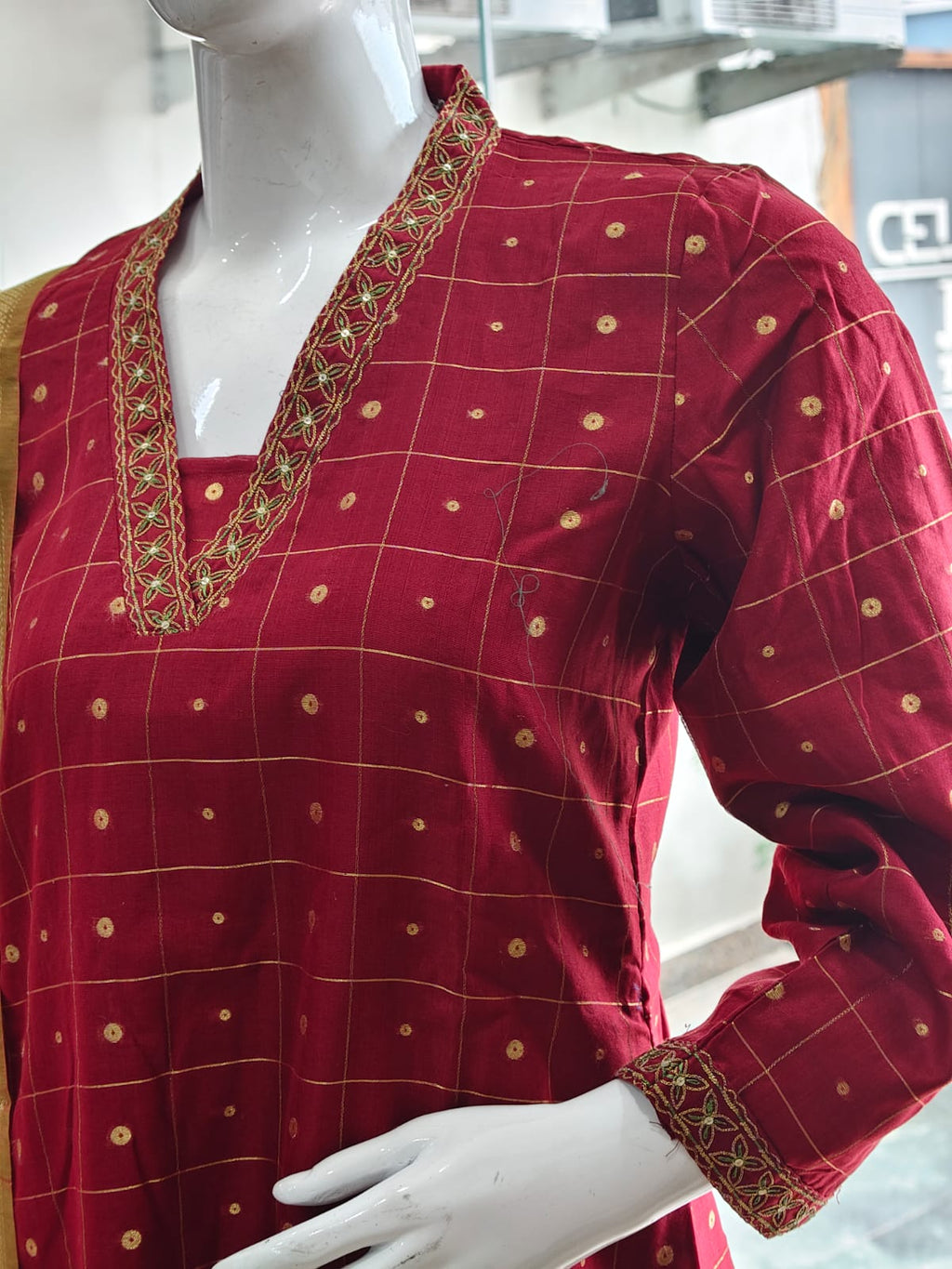 Crimson Red Cotton Silk Kurta Set with Olive Dupatta