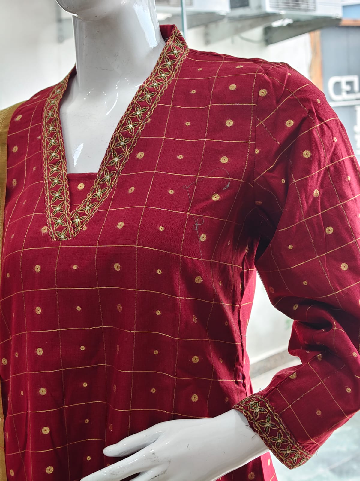 Crimson Red Cotton Silk Kurta Set with Olive Dupatta