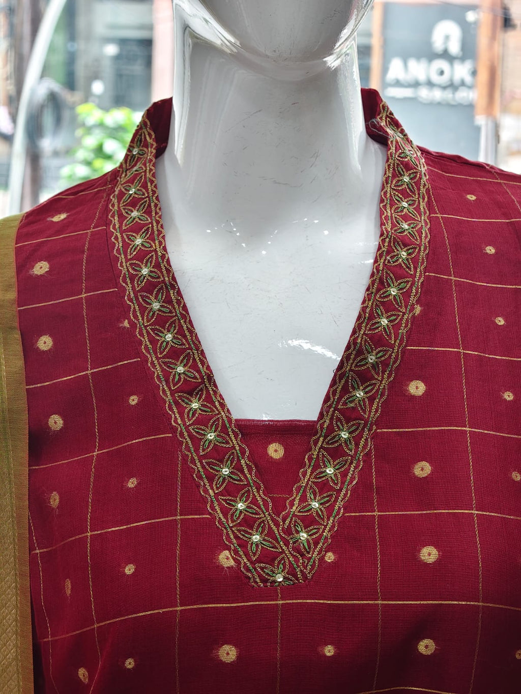 Crimson Red Cotton Silk Kurta Set with Olive Dupatta