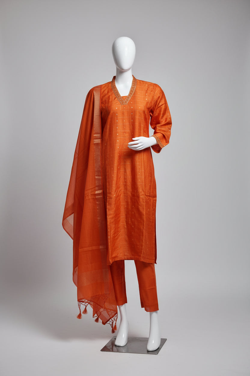 Vibrant Orange Cotton Silk Kurta Set