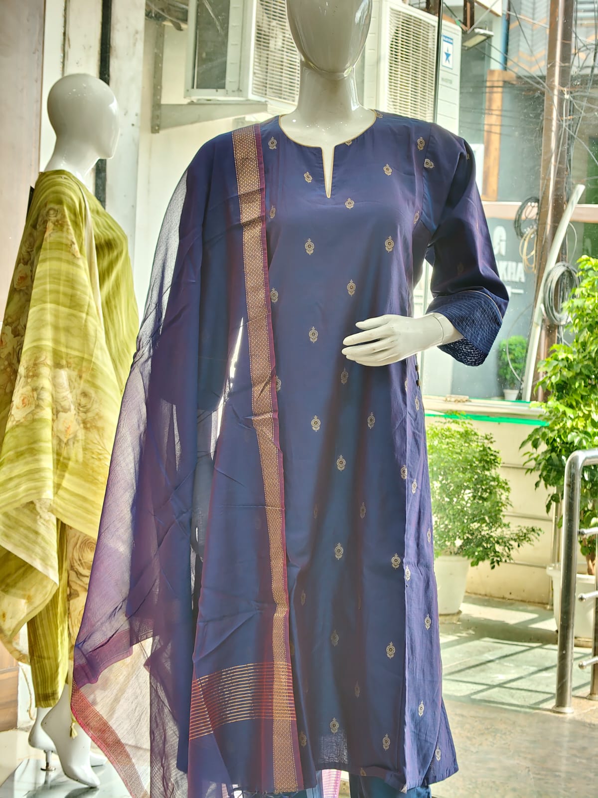 Elegant Royal Blue Cotton Silk Suit Set