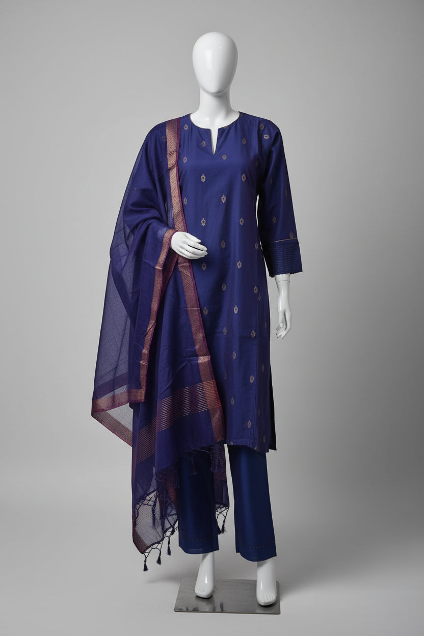 Elegant Royal Blue Cotton Silk Suit Set