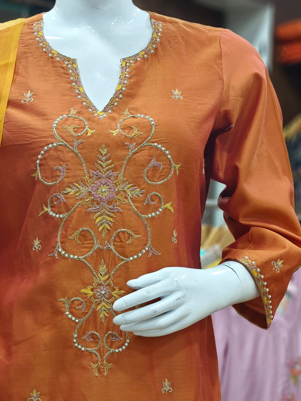 Elegant Rust-Orange Cotton Silk Embroidered Suit Set