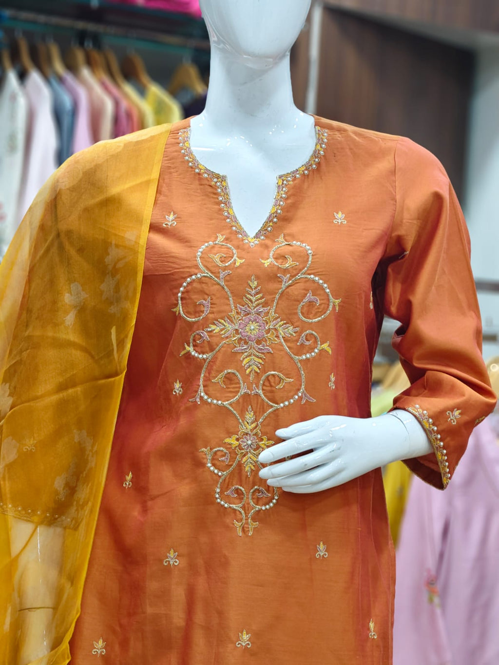 Elegant Rust-Orange Cotton Silk Embroidered Suit Set