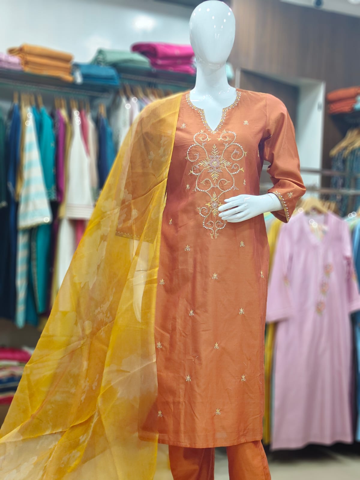 Elegant Rust-Orange Cotton Silk Embroidered Suit Set