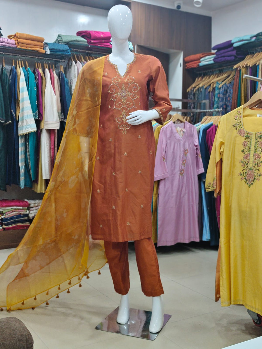 Elegant Rust-Orange Cotton Silk Embroidered Suit Set