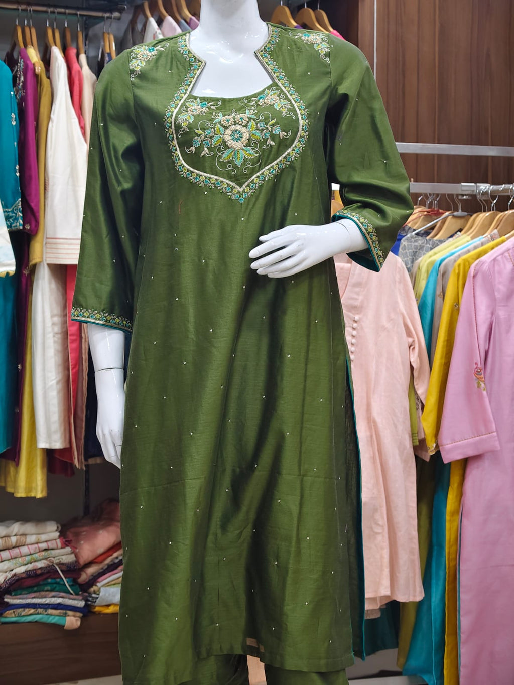 Elegant Olive Green Cotton Silk Embroidered Suit Set