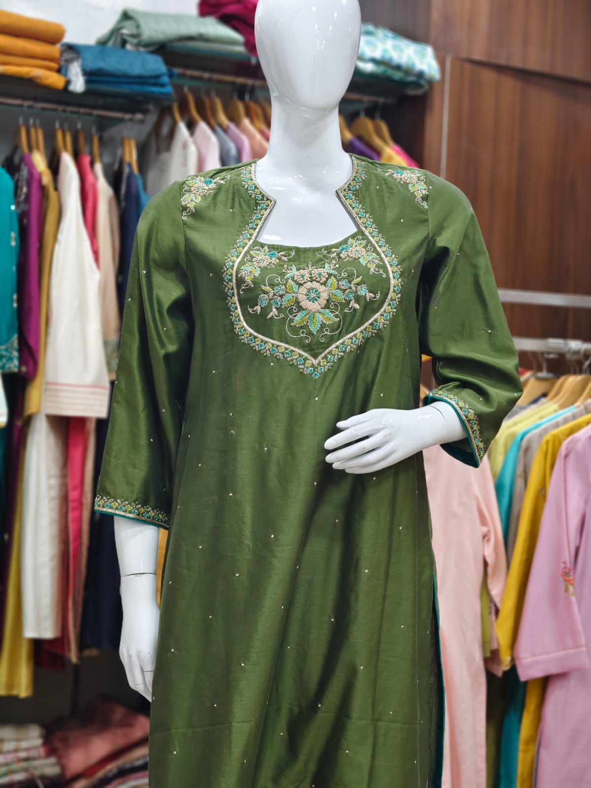 Elegant Olive Green Cotton Silk Embroidered Suit Set