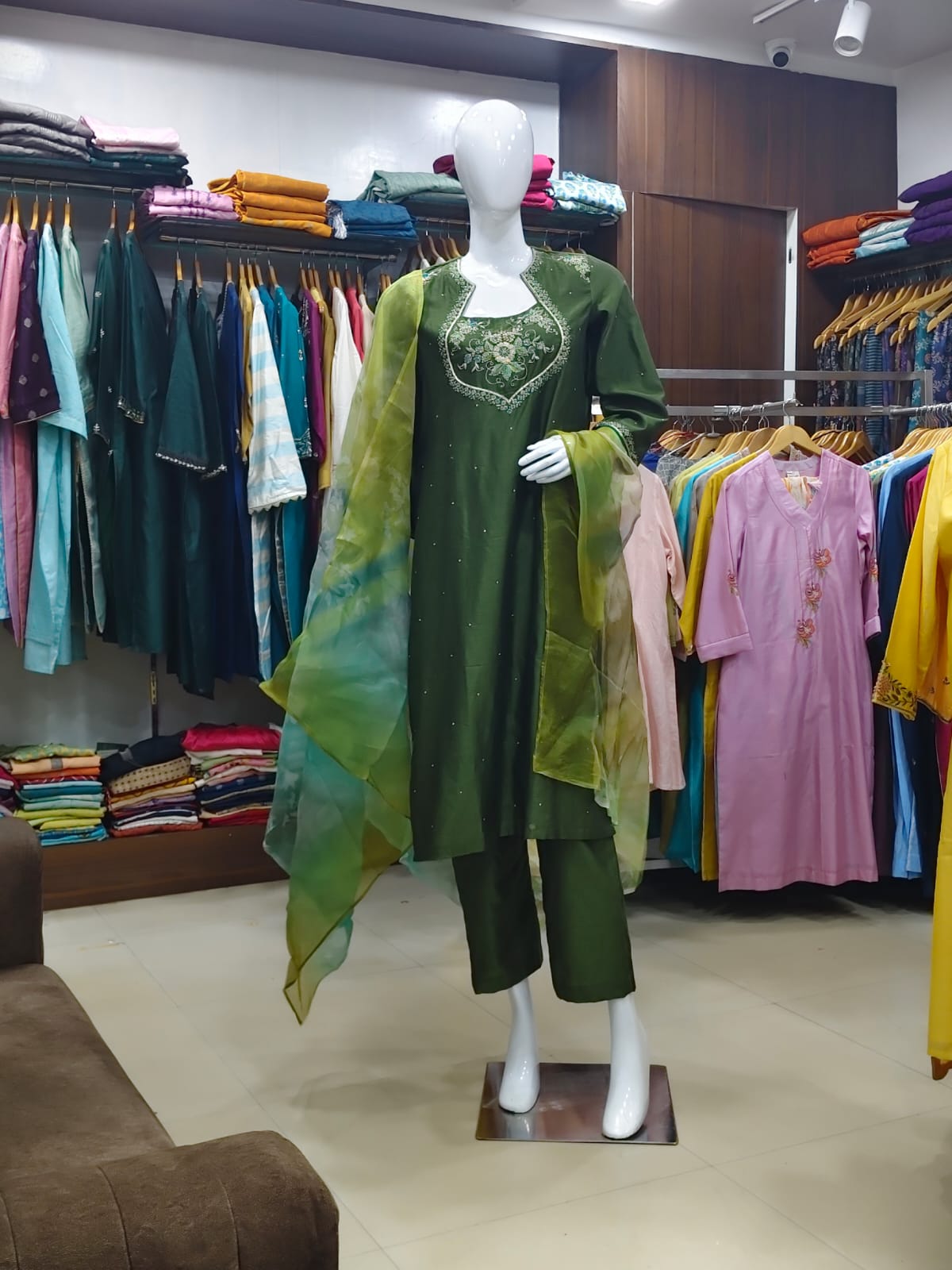 Elegant Olive Green Cotton Silk Embroidered Suit Set