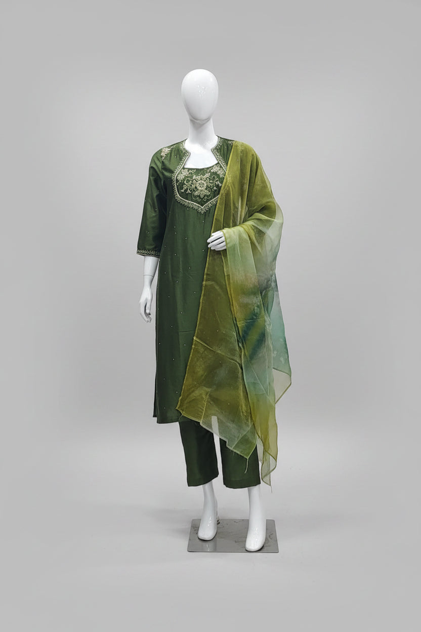 Elegant Olive Green Cotton Silk Embroidered Suit Set