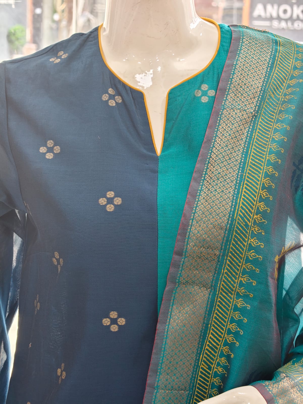 Dual-Tone Teal & Blue Cotton Silk Suit Set