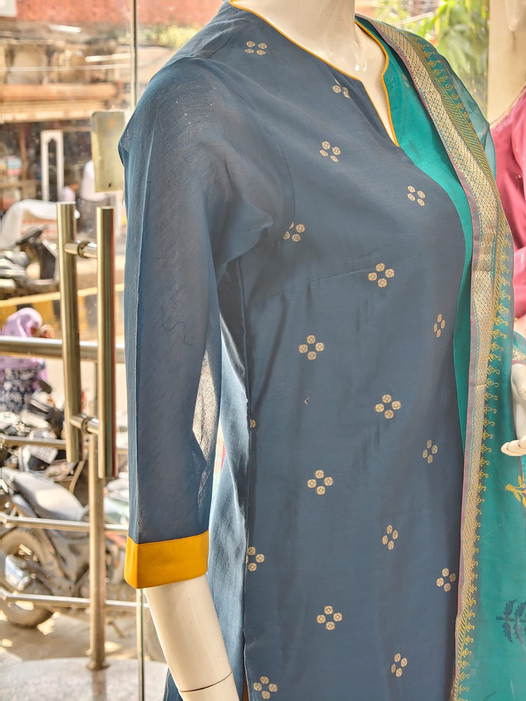 Dual-Tone Teal & Blue Cotton Silk Suit Set