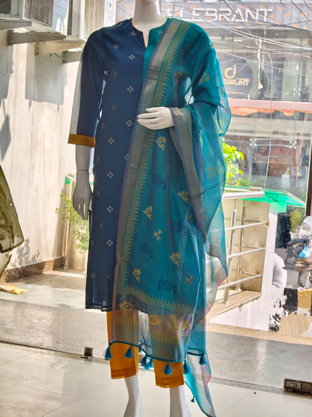 Dual-Tone Teal & Blue Cotton Silk Suit Set
