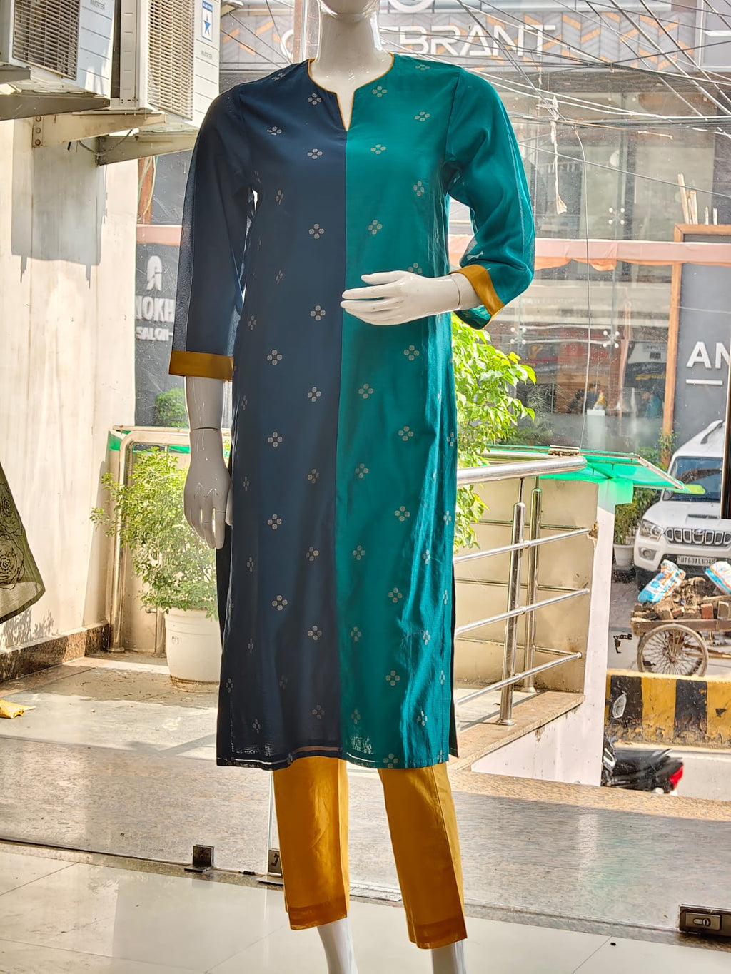 Dual-Tone Teal & Blue Cotton Silk Suit Set