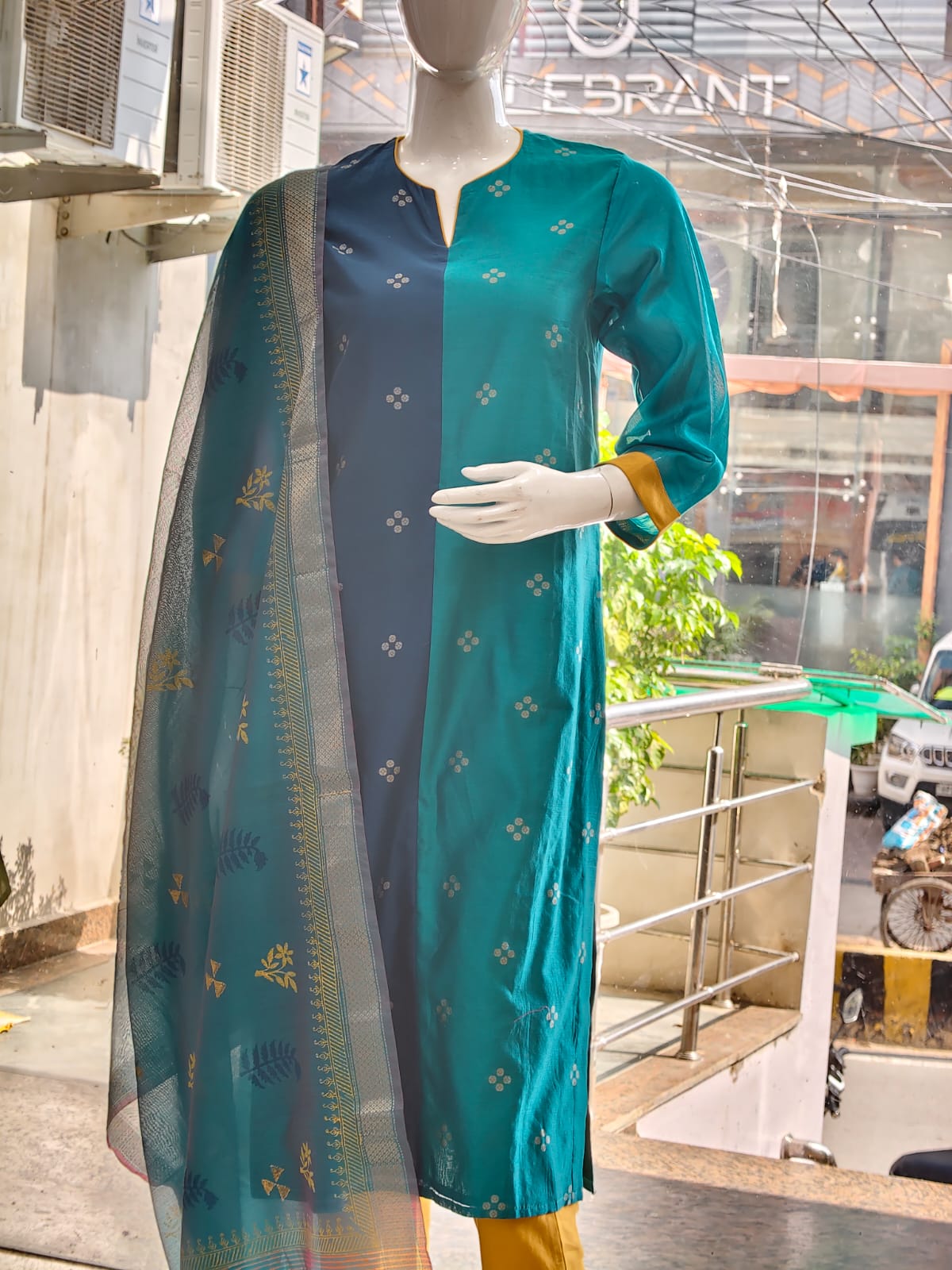 Dual-Tone Teal & Blue Cotton Silk Suit Set