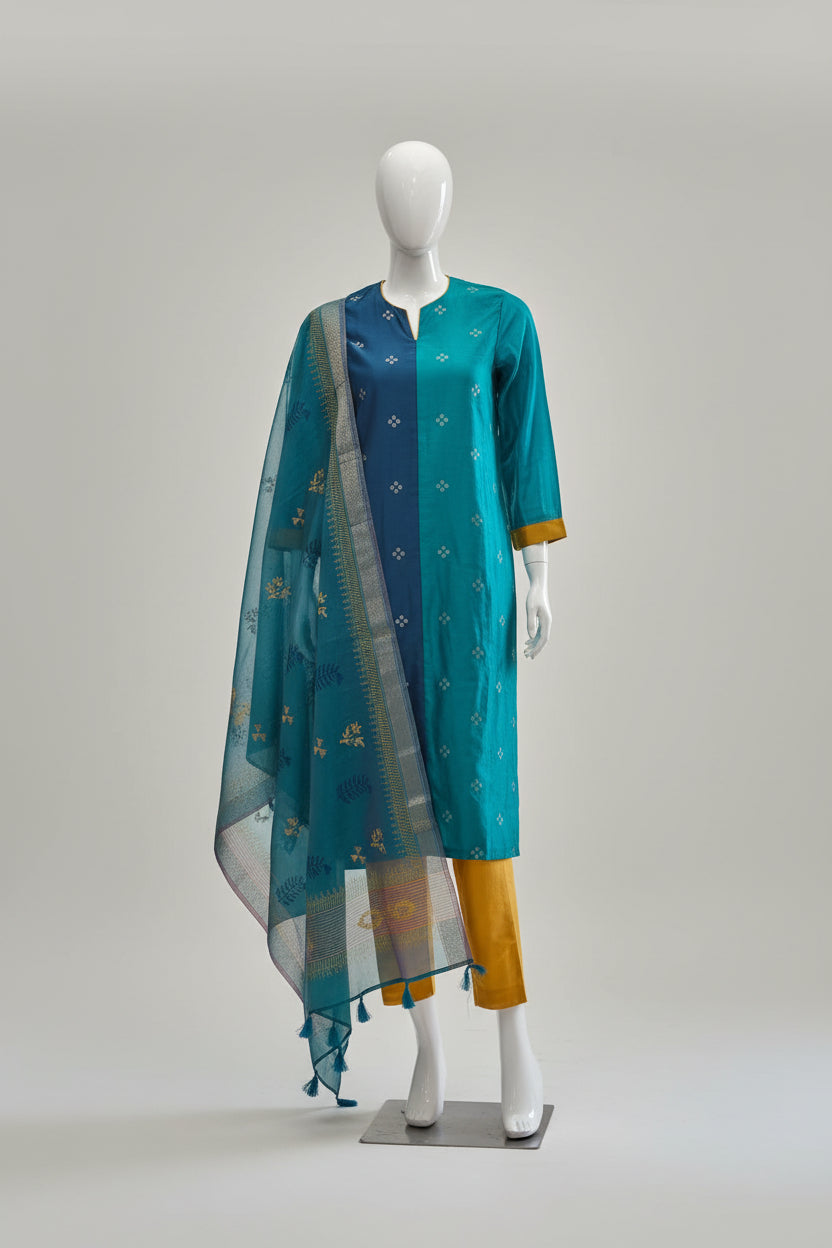 Dual-Tone Teal & Blue Cotton Silk Suit Set