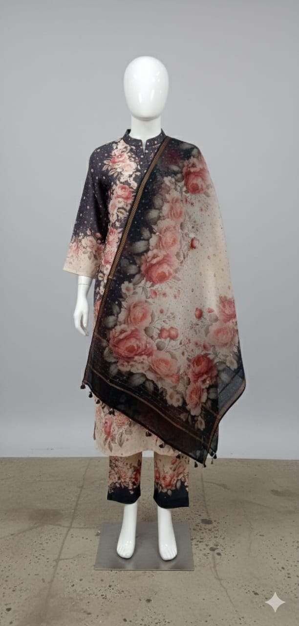 Cotton Silk Digitally Printed Suit Set With Hand Embroidery Detailing
