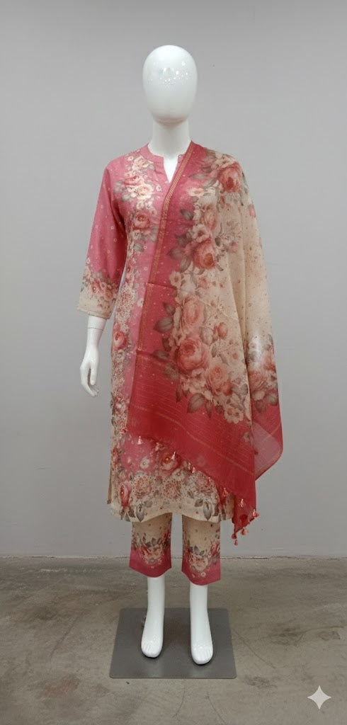Cotton Silk Digitally Printed Suit Set With Hand Embroidery Detailing